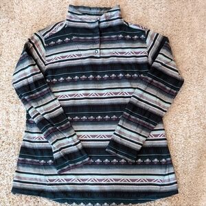 Woolrich Women’s Teal & Purple Southwestern Print Stripe Pullover Snap Top Large